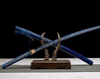 1045 Steel Katana Sword, Blue Pattern with Full Tang Design