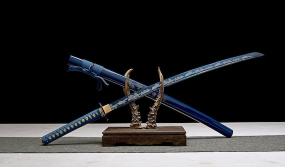 1045 Steel Katana Sword, Blue Pattern with Full Tang Design