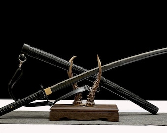 T10 Steel Katana Sword, Black Wolf Samurai Collectible Display Blade