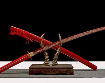 Samurai Katana Sword, T10 High Carbon Steel with Red Pattern