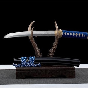 Espada Tanto de Damasco, azul y oro con diseño de espiga completa