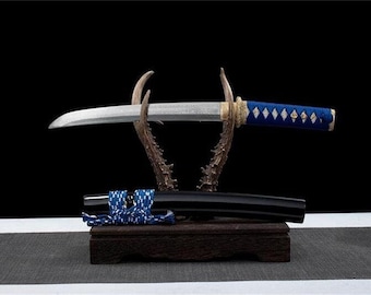 Damascus Tanto Sword, Blue & Gold with Full Tang Design