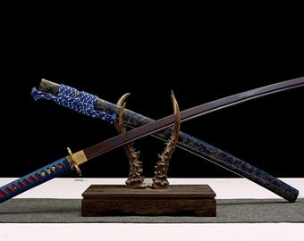 Damascus Katana Sword with Red Rayskin and Blue Ito