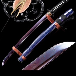 Espada Wakizashi de acero de Damasco con hoja morada, 80 cm, espiga completa.
