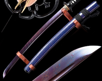 Damascus Steel Wakizashi Sword with Purple Blade, 80 cm Full Tang