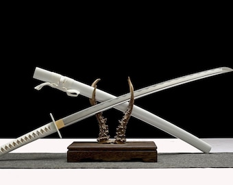 Anime Katana Sword, Real Cosplay White Gold Blade with Full Tang