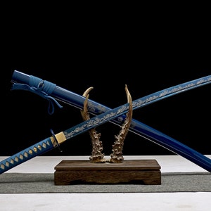 Handgefertigte hochwertige 1045 Stahl japanisches Katana Schwert mit blauem Muster