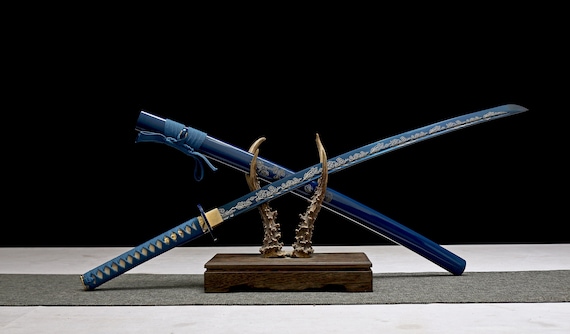 Handmade 1045 Steel Japanese Katana Sword, Blue Pattern