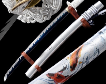 Wakizashi Sword, High Manganese Steel with Blue Blade and Silver Scabbard