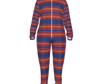 Unisex Fuzzy Hugger Adult Fluffy One Piece Loungewear - Red Blue and Orange Stripes Black Zipper