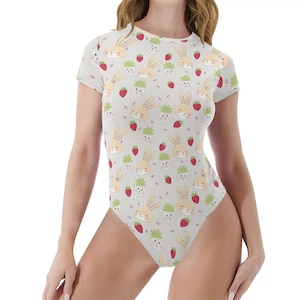Light Green Bunnies and Strawberries Women&#39;s Adult Onesie / Body Suit
