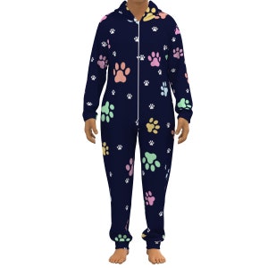 Dark Blue Paw Prints Unisex Zip Up Jumpsuit/Pajamas