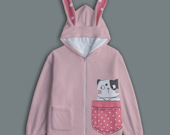 Felpa con cappuccio con orecchie da coniglio rosa e gatto in tasca