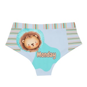 May include: Light blue underwear featuring a cartoon lion illustration within a blue circle. The word "Monday" is written in white on a turquoise shape. The waistband and side panels have a striped pattern in pastel colors.