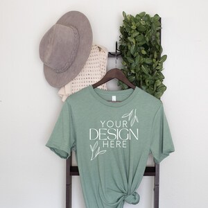 Bella Canvas 3001 Mock, 3001 Tshirt Mockup, Print on Demand Mockup, Trendy BC 3001 Mockup, Womens TShirt Mock, Heather Sage 3001 Mockup