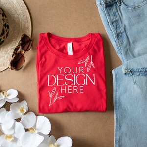 Red 3001 Mockup, Bella Canvas 3001 Mock, 3001 Tshirt Mockup, Print on Demand Mockup, BC 3001 Mockup, Women TShirt Mock