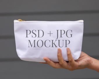 Maqueta de bolsa de cosméticos con fondo en T, plantilla de objeto inteligente PSD para Printify, imagen de producto DIY para tiendas de Etsy, bolsa para accesorios, maqueta de bolsa con fondo en T