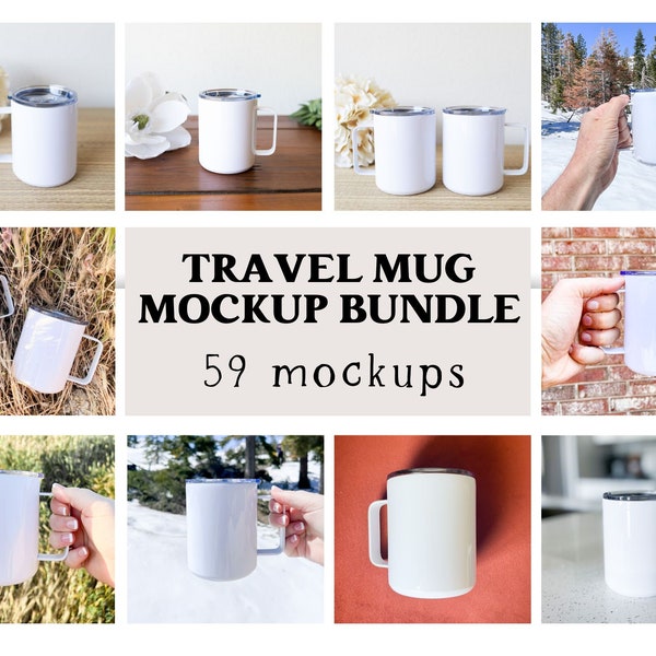 10 oz Travel Mug Mockup Bundle, Stainless Steel Mug Mockup, Insulated Coffee Mug Mockup, White Travel Mug with Lid Mockup, Tumbler Mockup