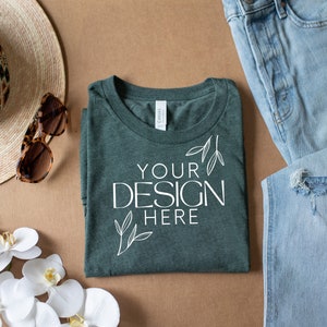 Heather Forest 3001 Mockup, Bella Canvas 3001 Mock, 3001 Tshirt Mockup, Print on Demand Mockup, BC 3001 Mockup, Women TShirt Mock