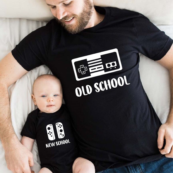 Old School T-Shirt, New School Onesie, Matching Father Baby Tees, Dad And Son Gamer Shirt, New Father Gifts, Funny Video Game Daughter Son