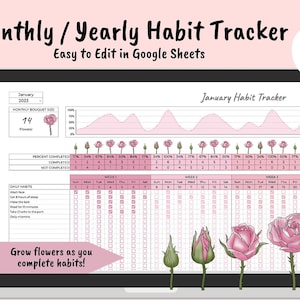 May include: A digital habit tracker for January 2023 with a pink and white color scheme. The tracker includes a section for daily habits, a progress chart, and a visual representation of completed habits with growing flowers. The text "Grow flowers as you complete habits!" is displayed at the bottom of the tracker.