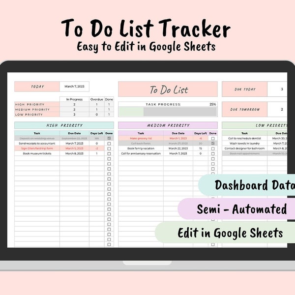 To Do List Task List Google Sheets Template Editable Checklist Priority Automated List Task Items Couple To Do's Kids Tasks Customizable