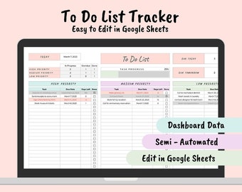 Puede incluir: Una pantalla de computadora portátil que muestra una plantilla de seguimiento de lista de tareas en Google Sheets. La plantilla está codificada por colores con acentos rosa, verde y azul. El texto "To Do List Tracker" está en la parte superior de la pantalla, y el texto "Easy to Edit in Google Sheets" está debajo. La plantilla incluye secciones para tareas de alta, media y baja prioridad, con columnas para la fecha de vencimiento, los días restantes y completado.