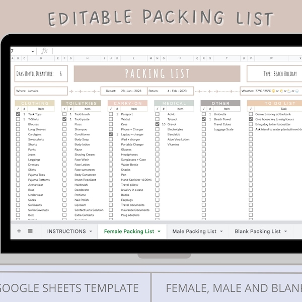 Bearbeitbare Packliste auf Google Sheets. Urlaubsliste für Frauen, Männer. Sommerreiseziel. Organisationsliste. Druckbare Neutrale Farben.