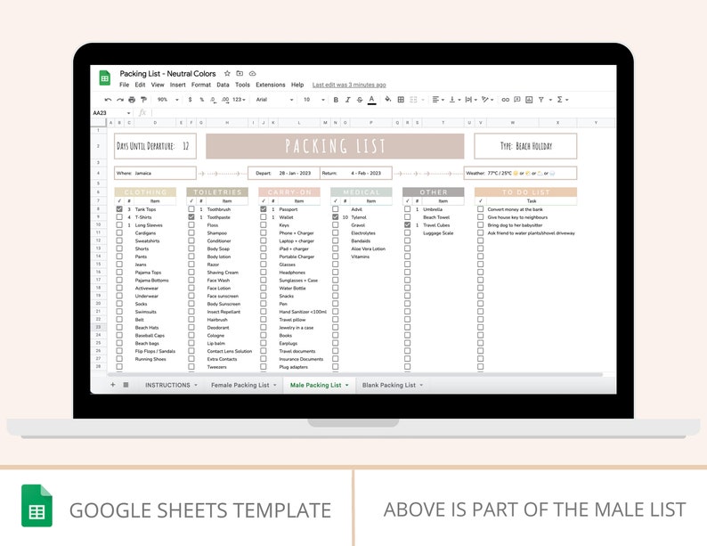 Editable Packing List on Google Sheets. Vacation List for Females ...