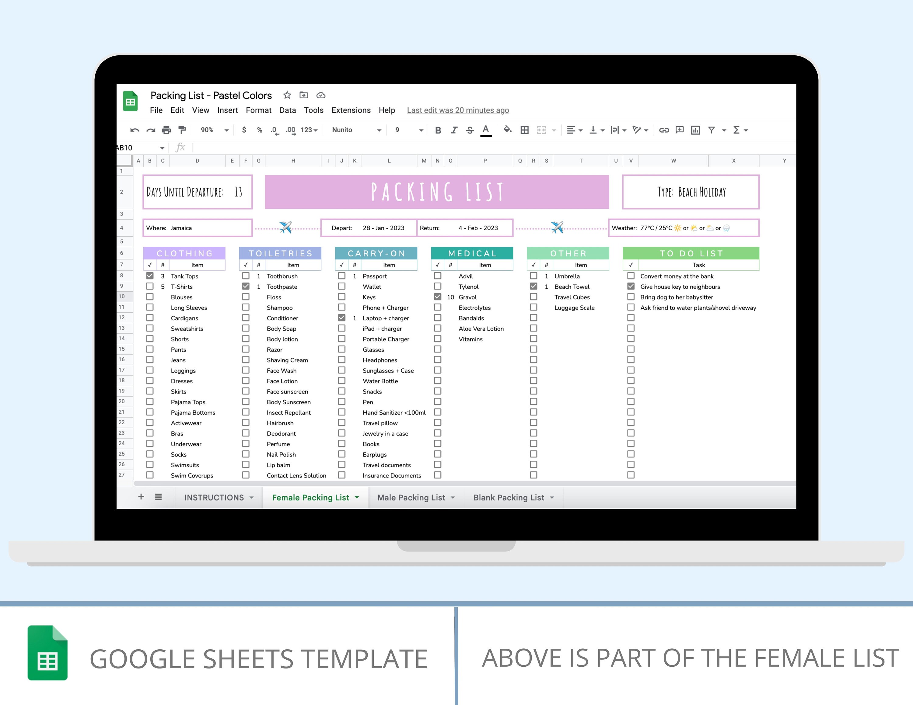 Editable Packing List in Google Sheets. Vacation List for Females ...