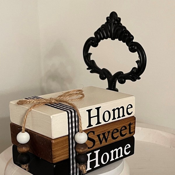 Home sweet home book stack, tiered tray decor, farmhouse decor, home decor, wood book stack, approx 3 1/2"W 2 1/2"D 2 1/4"H