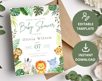 Safari Baby Shower Invitation, Jungle Animals, Editable Template (Digital Download)