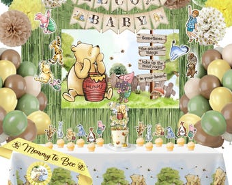 Puede incluir: Un conjunto de decoración para baby shower con el tema de Winnie the Pooh. Incluye una pancarta que dice "Welcome Baby", globos, una tarta, cupcakes y un mantel con ilustraciones de Winnie the Pooh. El conjunto también incluye una banda que dice "Mommy to Bee".