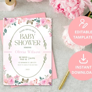 EDITABLE Pink Floral Baby Shower Invitation Template Girl, Blush Pink Invite, Watercolor, Printable, Digital, Canva Editable Template