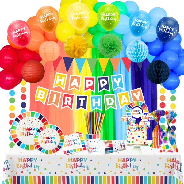 Happy Birthday Decorations Kit  for Boys and Girls  With Rainbow Balloon Arch Kit, Banner, Plates & Cups for 25 Guests - Multicolor