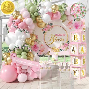 Baby in Bloom Baby Shower Decorations for Girl - Balloon Arch Garland & Baby Boxes with Letters, Backdrop, Cake toppers, Sash and More