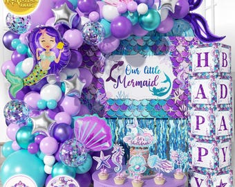 Mermaid Birthday Decorations Kit, Balloon Garland, Backdrop, Crown