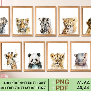 Safari Nursery Wall Art, Prints, Set of 9, Safari Nursery Decor, Safari Animal Prints, Kids Room Wall Art, Baby Animal Art, Digital Download