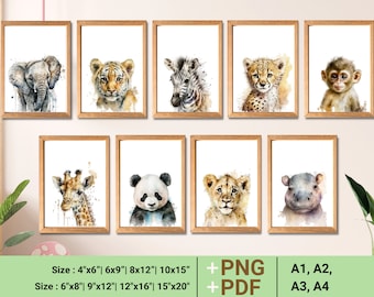 Safari Animal Nursery Prints, Watercolor Set of 9 (Digital Download)