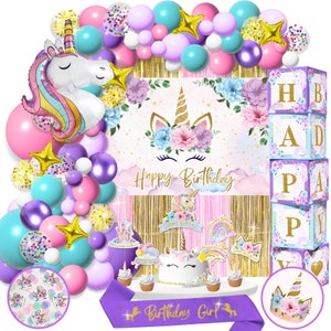 Unicorn Birthday Decorations for Girls Kit, With Balloon Garland, Fringe Curtains, Foil Balloons, Backdrop, Crown, Sash