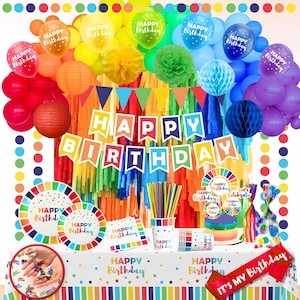Happy Birthday Decorations Kit  for Boys and Girls  With Rainbow Balloon Arch Kit, Banner, Plates & Cups for 25 Guests - Multicolor