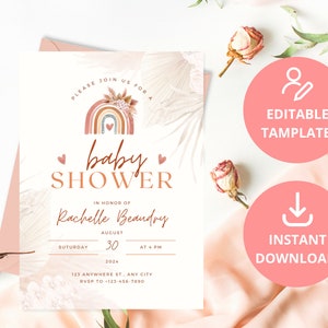 EDITABLE Boho Rainbow Baby Shower Invitation Template | Girl Baby Shower Party | Instant Download | Canva Editable Template
