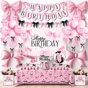 May include: A pink birthday party decoration set. Includes balloons, bows, a banner that says "Happy Birthday", a cake, cupcakes, and a table cover. The overall theme is pink and black.