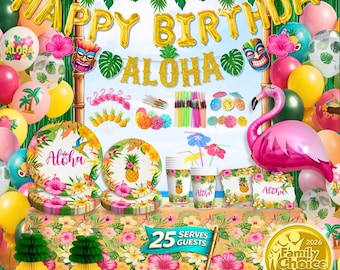 RainMeadow 209 pc Luau Birthday Party Decorations Set for 25 guests - Hawaiian Theme with Aloha - Tropical Luau Party Supplies