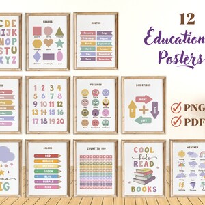 Set of 12 Educational Posters, Classroom Decor, Homeschool Printable Wall Art, Alphabet, ABC, Nursery Wall Art, Toddler Room Decor, Neutral