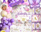 Butterfly Baby Shower Decorations for Girl with Pink and Purple Butterfly Balloon Arch Kit, Baby Girl Boxes, Backdrop, Tablecloth and more
