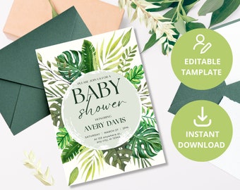 Tropical Baby Shower Invitation, Gender Neutral, Canva Editable (Digital Download)