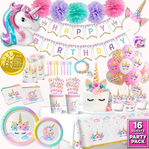 Unicorn Birthday Decorations for Girls Kit, With Balloon Garland, Fringe Curtains, Foil Balloons, Backdrop, Crown, Sash