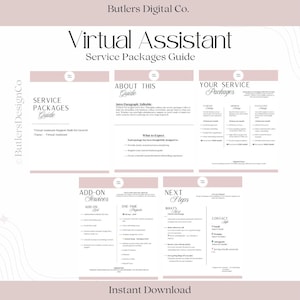 Puede incluir: Una guía digital titulada "Virtual Assistant Service Packages Guide" con un diseño rosa pálido y blanco. La guía incluye secciones sobre paquetes de servicios, servicios adicionales y los próximos pasos. Texto: "Descarga instantánea".