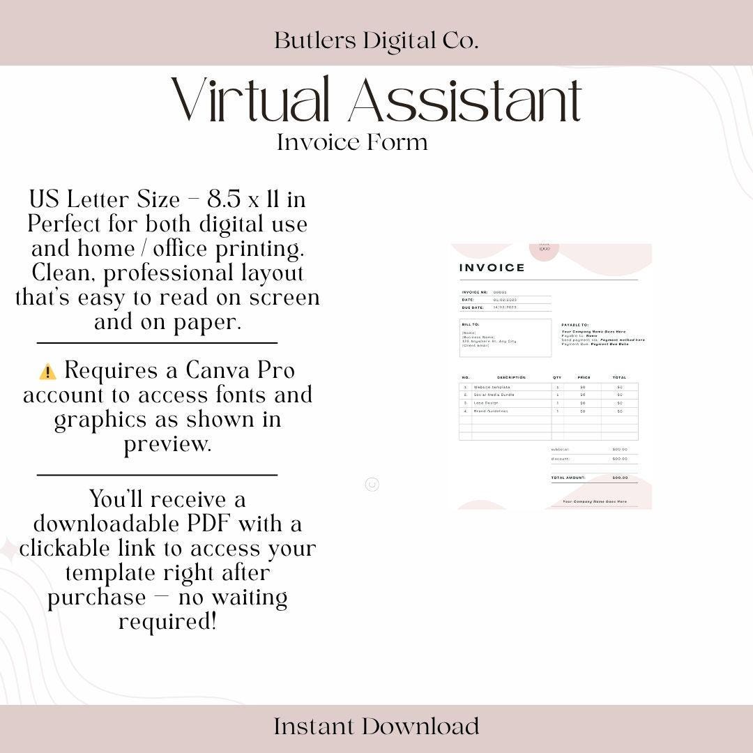Virtual Assistant Invoice Template | Canva Editable VA Invoice Form ...